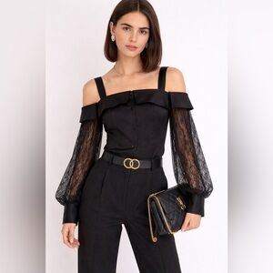 ADEAM Beth Lace Long-Sleeve Cold-Shoulder Button-Front Top